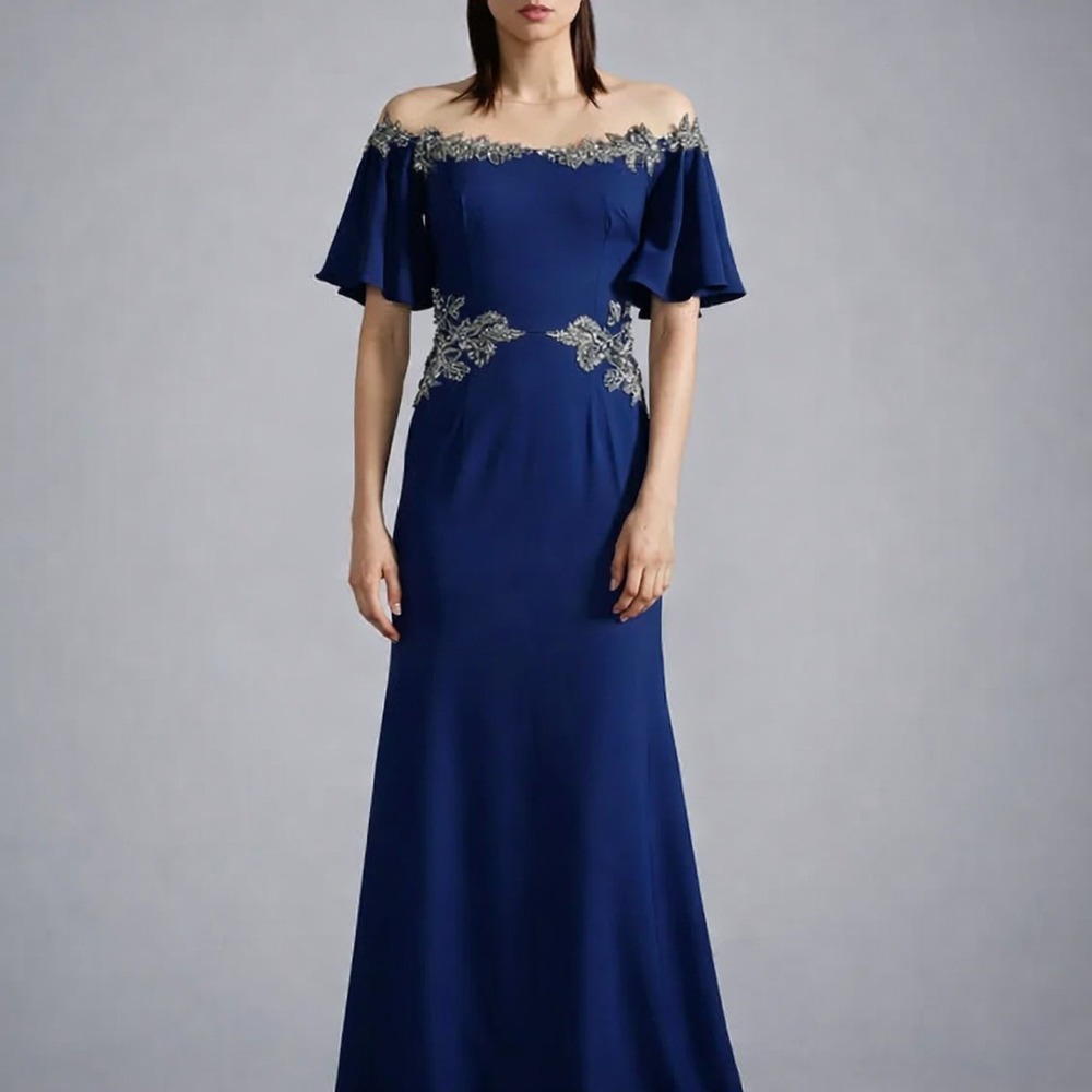 David Meister Evening Gown Beaded Flutter Sleeve‎ Formal Maxi Dress Size 8 Navy